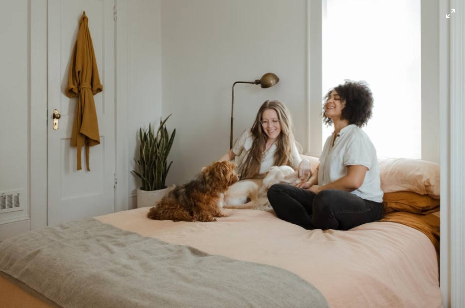 duas mulheres sentadas em uma cama rindo com um cãozinho olhando para elas