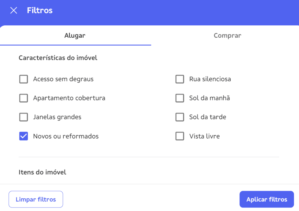 Imagem de anúncio de imóvel do QuintoAndar que mostra filtro de busca para apartamento reformado