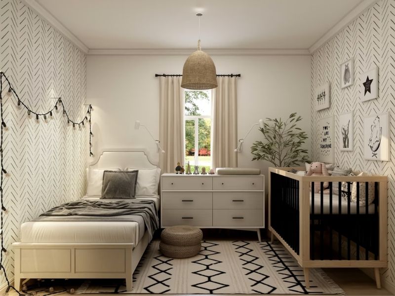 quarto infantil com um berço, uma cômoda e uma cama de solteiro