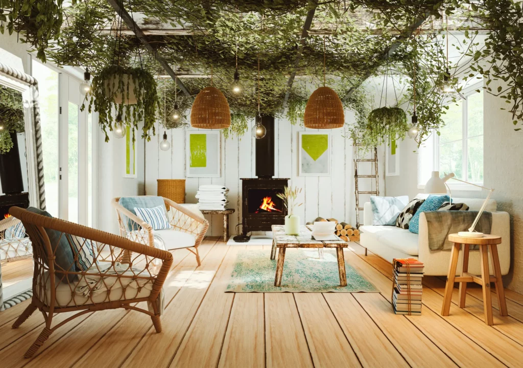Foto de uma sala de estar com decoração urban jungle.