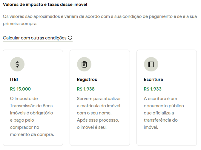 Imagem detalha como o QuintoAndar mostra as taxas e impostos na compra de imóvel