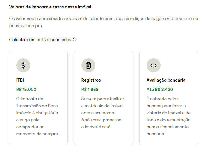 Imagem detalha como o QuintoAndar mostra as taxas e impostos na compra de imóvel