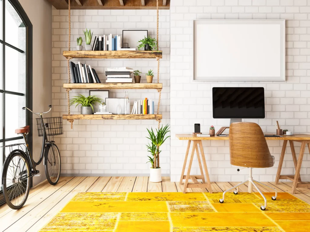 Foto de um home office branco e amarelo.