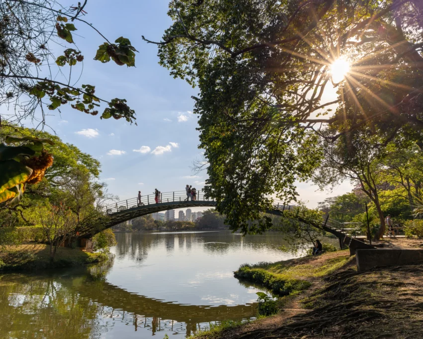 Imagem de pessoas passando por uma ponte no Parque Ibirapuera para ilustrar matéria sobre parques em SP