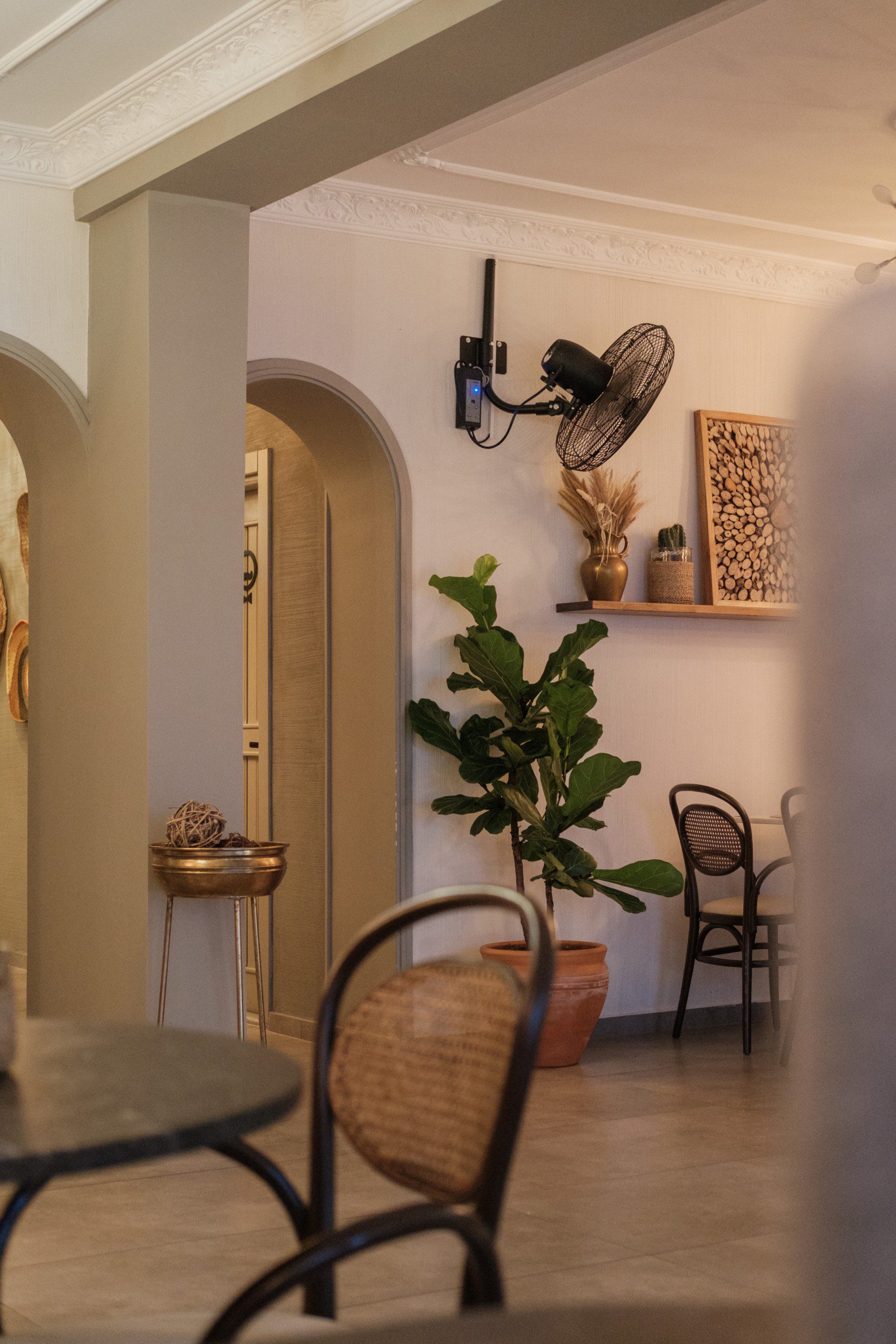 Sala de estar com ventilador de parede, detalhes em madeira e vaso de plantas.