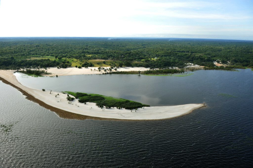 Foto de uma praia em formato de uma lua crescente: com uma ponta de areia bem fina com bastante vegetação, rodeada pela água preta do Rio Negro. 