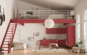 Mini duplex decorado em branco e vermelho.