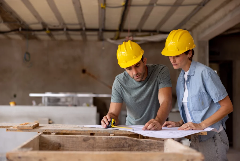 Imagem de um casal composto por um homem e uma mulher analisando a planta de um imóvel em construção para ilustrar matéria sobre a desistência da compra de imóvel na planta