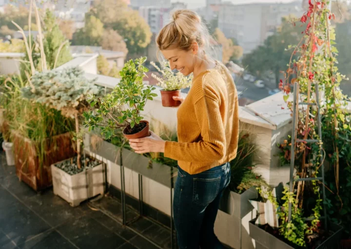 Imagem de uma mulher segurando alguns vasos de planta em uma área dedicada à plantas e flores na casa para ilustrar matéria sobre plantas de jardim que gostam de sol