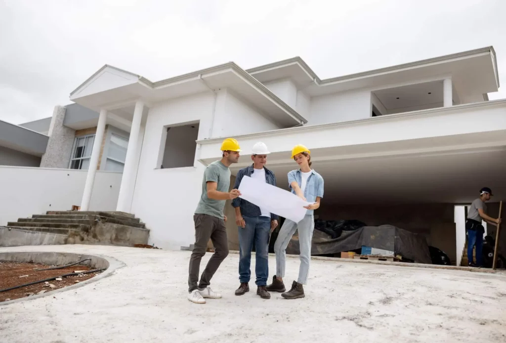 Imagem de um casal com um arquiteto analisado um croqui na frente de uma casa moderna em construção para ilustrar matéria sobre qual a importância do croqui do imóvel