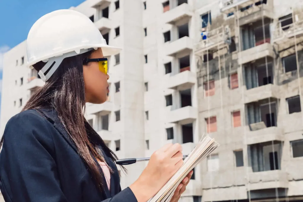 Imagem de uma mulher com óculos e chapéu de proteção utilizado em construção civil anotando informações em um caderno enquanto analisa um prédio em construção para ilustrar matéria sobre o índice da construção civil, o INCC