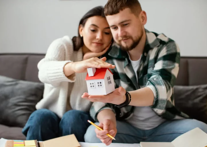 Imagem de um casal composto por um homem e uma mulher sentados no sofá da sala olhando para uma casa em tamanho miniatura que está na mão do homem enquanto anotam e planejam em cadernos que estão em uma mesinha de centro para ilustrar matéria sobre o cheque moradia