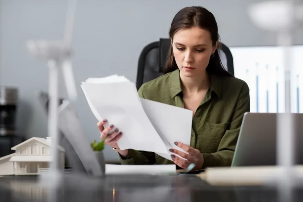 Imagem de uma mulher em um escritório sentada em uma cadeira em frente a uma mesa olhando alguns papéis que estão entre um notebook e uma casa em tamanho miniatura para ilustrar matéria sobre o direito de preferência do locatário