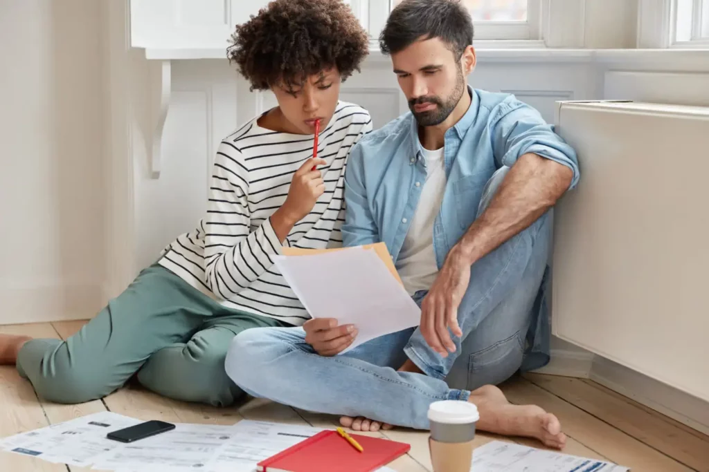 Imagem de um homem e uma mulher sentados no chão de uma casa fazendo contas em papéis que estão em cima do chão para ilustrar matéria sobre se pessoa com nome sujo pode ter financiamento pela Caixa