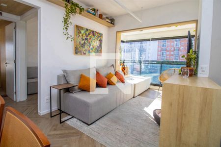 Sala, panorâmica  de apartamento para alugar com 2 quartos, 54m² em Indianópolis, São Paulo